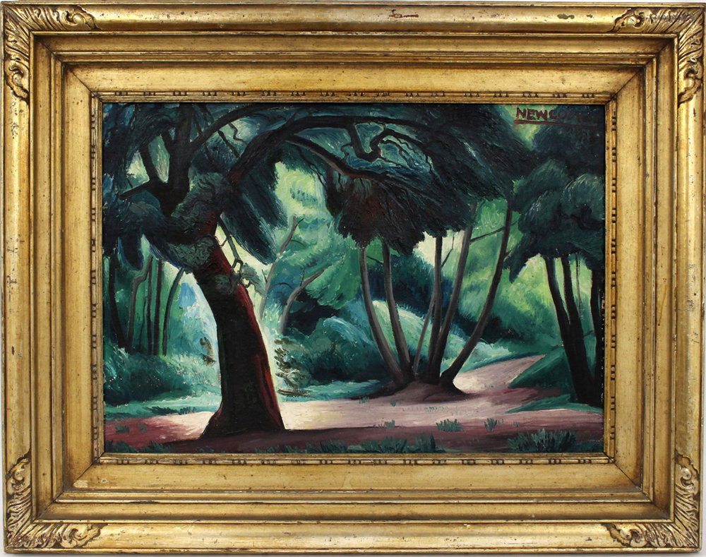 WARREN ALFRED NEWCOMBE (California, 1894-1960): verdant trees in shadows sgn. and dated u.r. Newcombe/1931, o/c, 21 by 30 in. original Newcomb-Macklin frame, 32.5 by 41.5 in.
