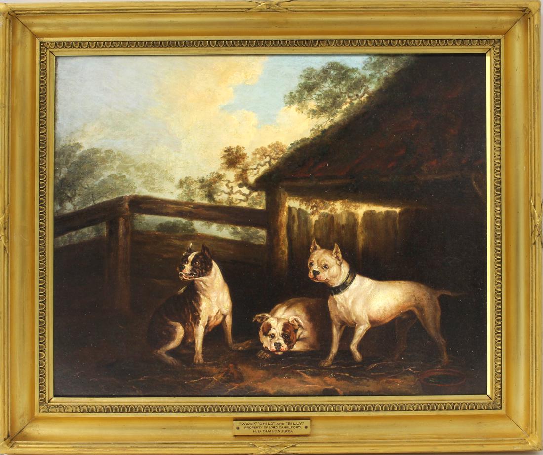 attrib. HENRY BERNARD CHALON (English, 1770-1849): Wasp, Child and Billy, Bull Dogs ink script note on stretcher with title/PROPERTY OF LORD CAMELFORD/Painted by H.B. CHALON, 1809