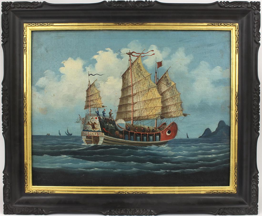 CHINA TRADE, 19th c.: Chinese trading junk at sea off Hong Kong inscribed on sails original paper label on stretcher, ...WASHED...WITH A LITTLE SOAP AND AFTERWARDS POLISH (VARNISH)/ YEU-QUA</
