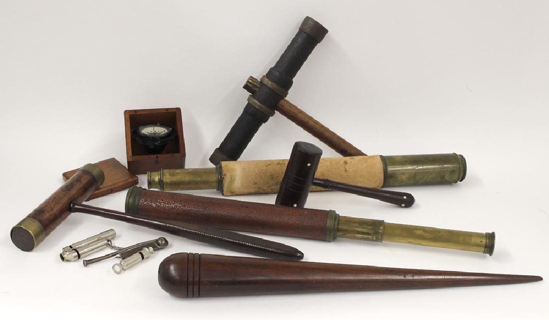 (on 10) GROUP OF NAUTICAL SHIP ITEMS: large lignum vitae turned FID, 23.5"; (2) TELESCOPES, Gilbert & Co., London, leather tube, 35"open, 15"closed, the other with canvas tube, 37"open