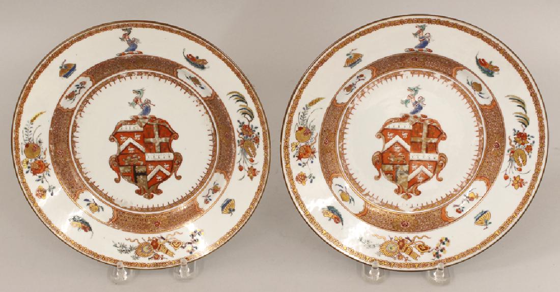 PAIR OF 18TH C. CHINESE EXPORT ARMORIAL SOUP PLATES: Yongzheng, c. 1724, arms of Sayer quartering Woodhouse and Brooke, 8.75" See Howard, vol. I, pg. 200 From a Cambridge, MA home, descended through the family of Sarah Tod (Mrs. Jonathan) Bulkley.