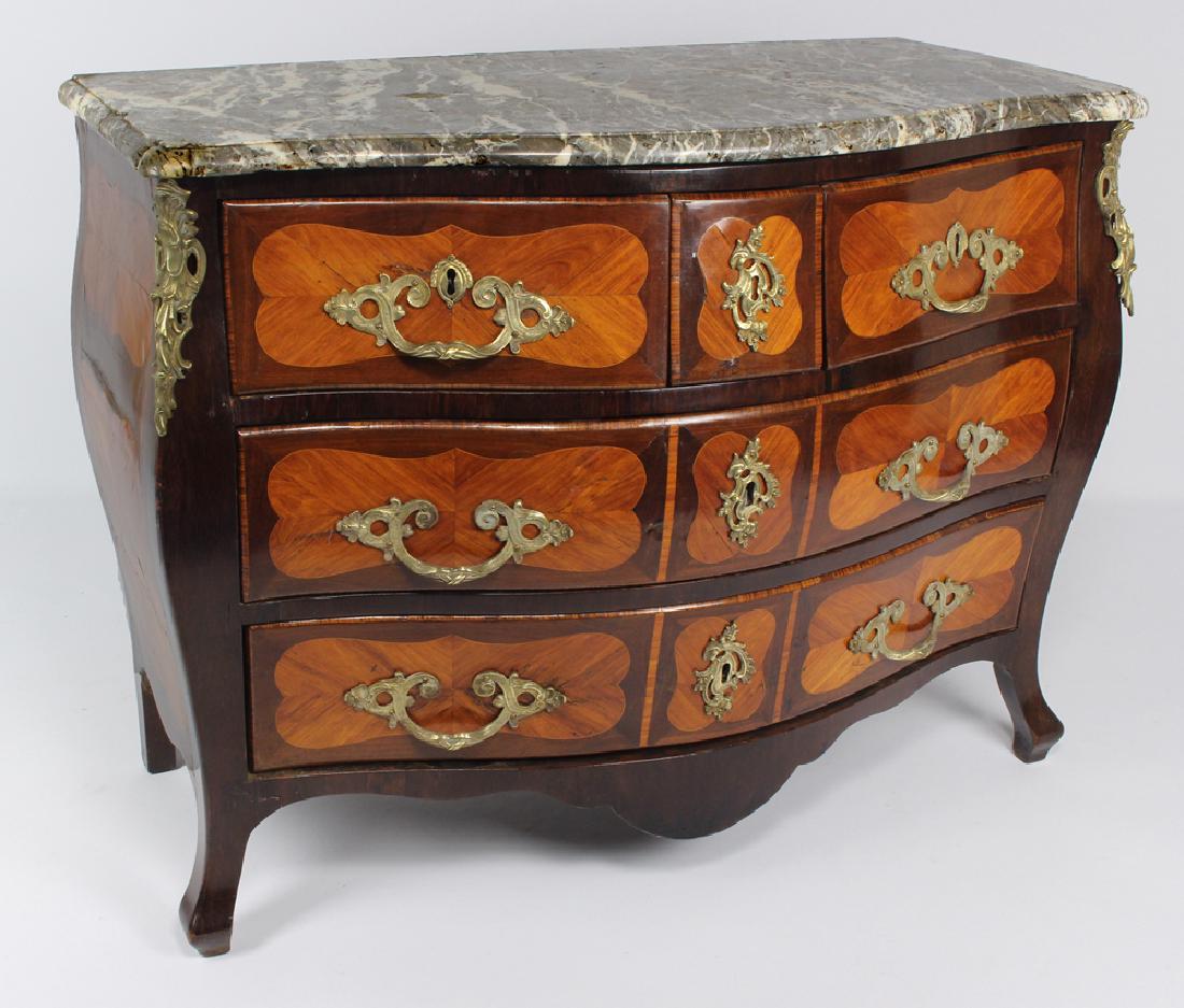FRENCH LOUIS XV SERPENTINE MARBLE-TOP COMMODE: three drawers with ornate hardware, 34"h; 44"w; 23.25"d
