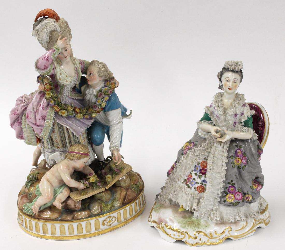 (on 2) MEISSEN FIGURINES: Germany, the larger, late 18th c., The Broken Bridge, blue crossed swords mark also incised in script F 63/43, 10"h (one sma