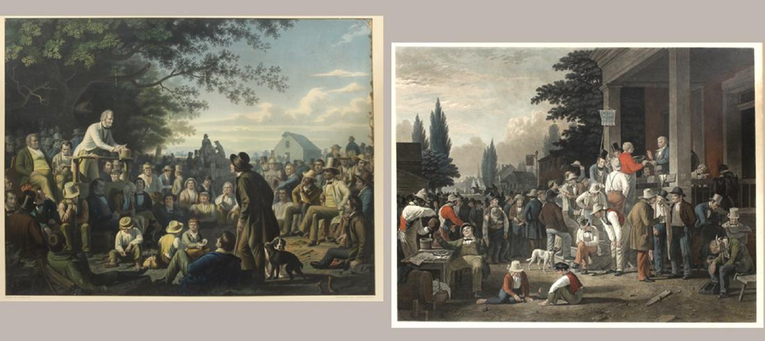 (on 2) 19TH C. HAND-COLORED ENGRAVINGS , G.C.: THE COUNTY ELECTION after painting by G.C. Bingham, engraved by John Sartain (1808-1897) hand-colored engraving (laid down)