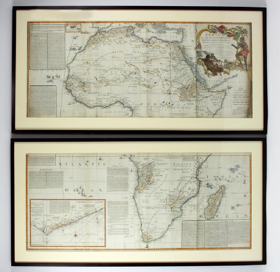 18TH C. MAP, AFRICA AND THE GOLD COAST, BOULTON: Samuel Bolton (fl. 1775 - 1800) one large map horizontally cut in half, halves framed separately AFRICA WITH ALL ITS STATES, KINGDOMS, REPUBLICS, REGIONS, ISLANDS...IMP
