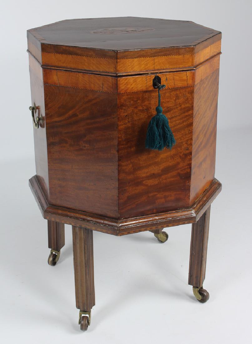 19TH C. OCTAGONAL INLAID CELLARETTE: inlaid oval shell on lid, brass side handles and removable brass interior insert, 28.5"h; 18"w; 18"d