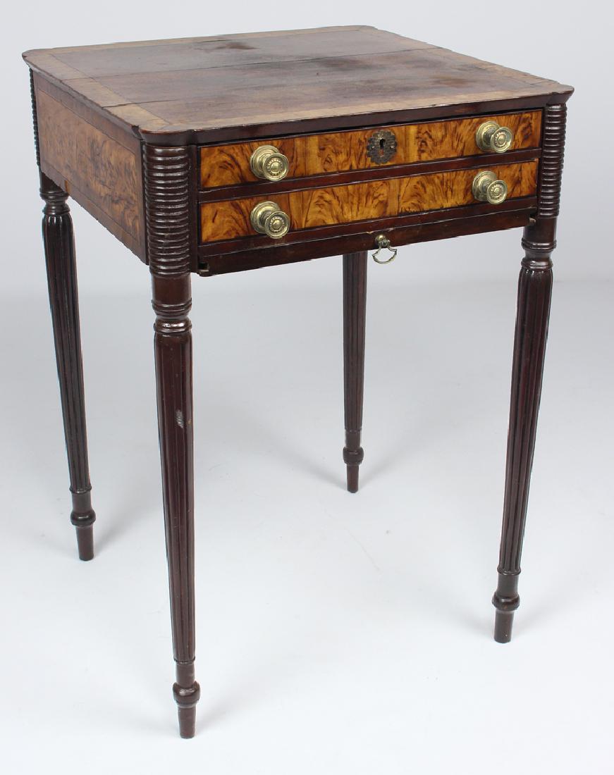 NEW ENGLAND FEDERAL MAHOGANY SEWING STAND: Seymour school, mahogany and burl walnut veneer, two drawers, 27.5"h; 18.75"w; 18.5"d