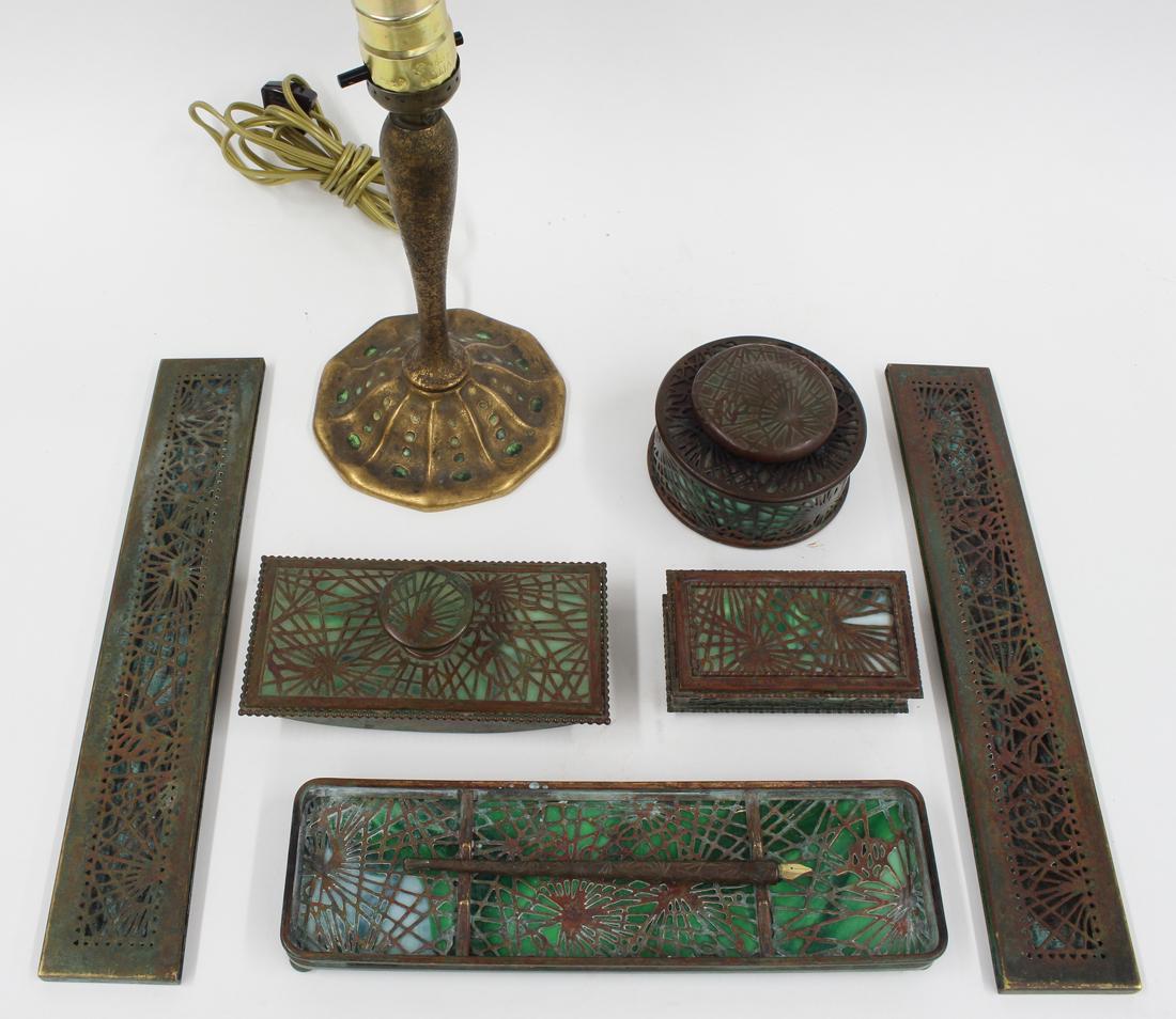 (on 7) 6-PIECE TIFFANY DESK SET, PINE NEEDLE: all marked: TIFFANY STUDIOS/NEW YORK, and numbered consisting of: an inkwell, #846, 3.75"diam.; an ink blotter, #995, 6" x 3"; a pen an