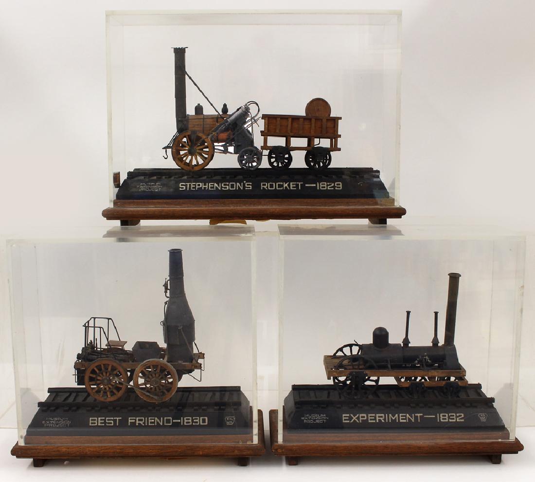 (3) STEAM ENGINE WPA TRAIN MODELS, CASED: printed on each base below track, MUSEUM EXTENSION PROJECT/ PA./WPA BEST FRIEND-1830, case 13"h; 13"w; 6"d
