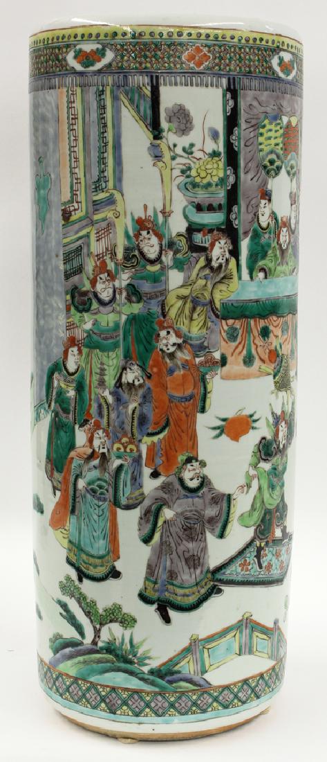 CHINESE EXPORT FAMILLE VERTE UMBRELLA STAND: 19th c., with all-around figural decoration, 23.5"h; 9"diam.