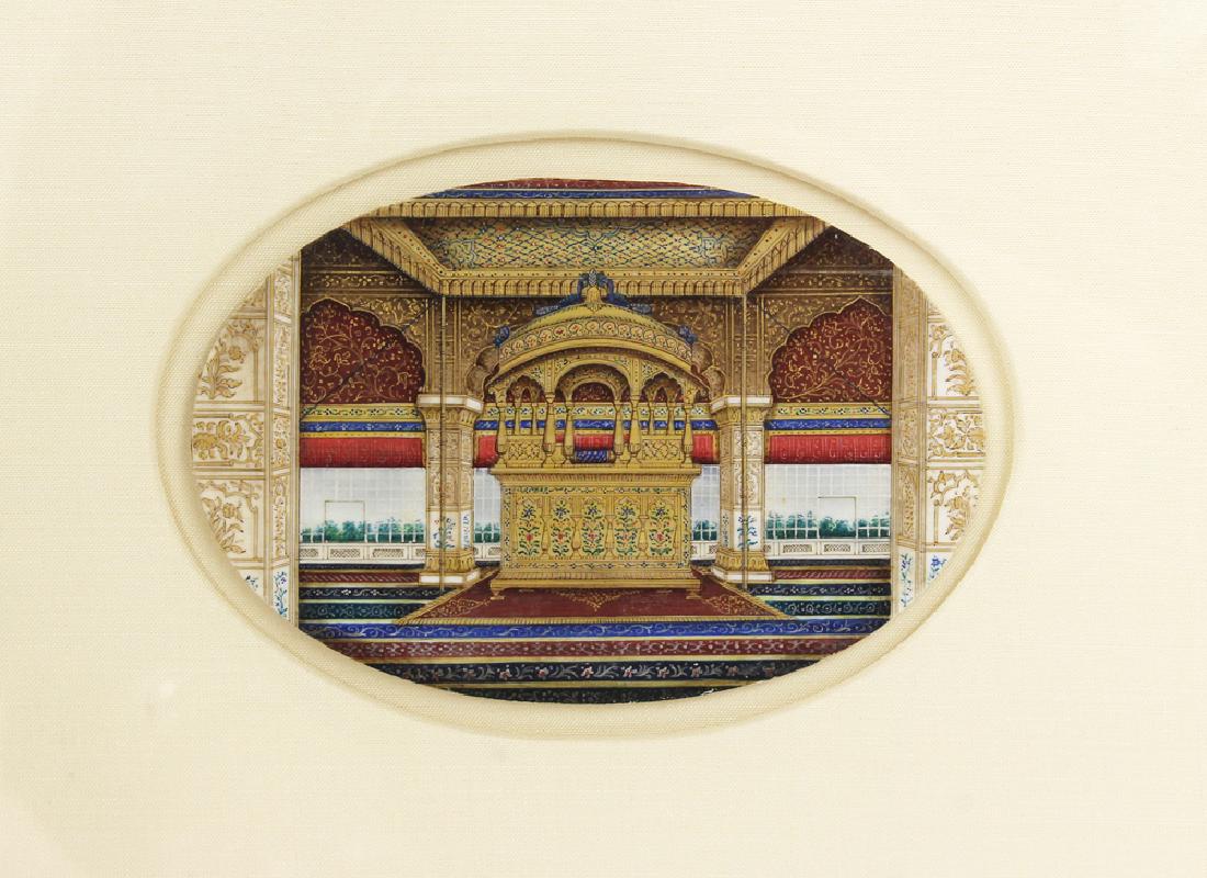 19TH C. MINIATURE INDIAN PAINTING: oval watercolor on bone depicting the peacock throne at Diwan-i-Khas; original envelope attached to reverse, 3"h; 4.5"w; framed under glass, 10"h; 12"