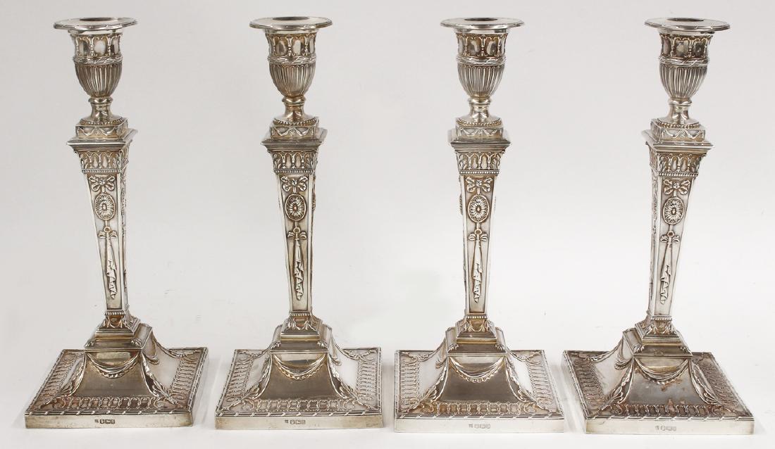 SET OF (4) ENGLISH WILLIAM IV SHEFFIELD SILVER: Thomas Bradbury & Sons, 1830, hallmarked on square base and the removable bobeches, classical design with drapery and ribbon decoration, weighted, 12.5"h