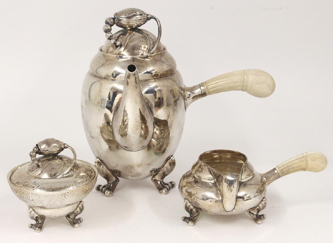 3-PIECE GEORG JENSEN STERLING SILVER TEA SET: marked Denmark, oval crowned Georg Jensen Sterling 2C