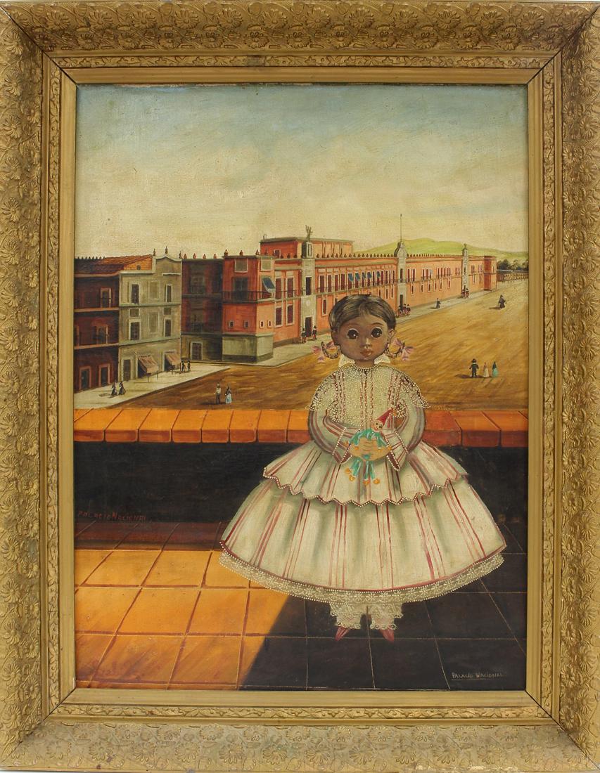 AGAPITO LABIOS (Mexican, 1898-1996): Mexico City, young girl on balcony, the National Palace behind her sgn. l.l. Labios, l.r. Palacio Nacional
