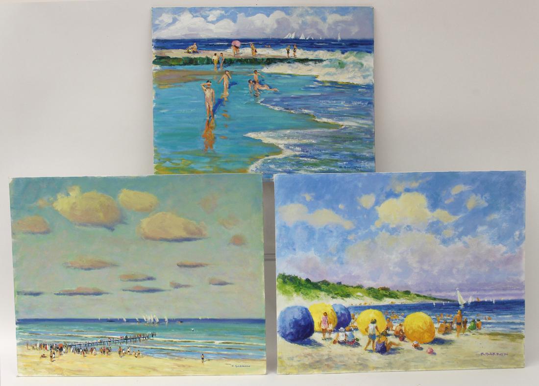 (3) ROGER BARRON (American, 1938-2017): beach scenes all sgn. l.r. R Barron, estate stamp, o/b, one is 14 by 18 in., the other two 16 by 20 in., all unframed From the estate of Roger Barron, the Fenway,