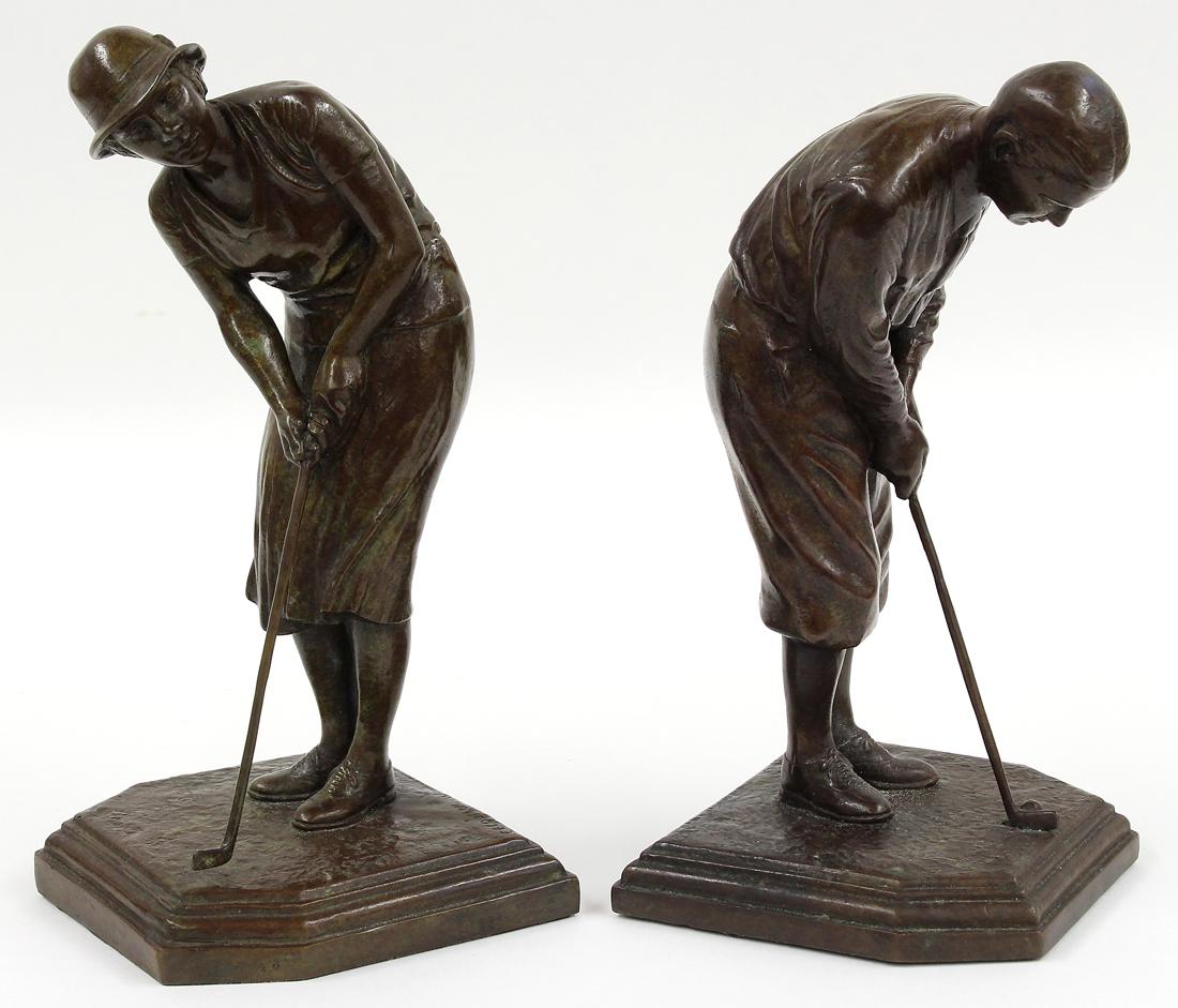 PAIR OF GORHAM BRONZE GOLFERS, CODMAN: Edwin E. Codman (American, 1876-1955) one a woman, the other a male golfer stamped on base E.E CODMAN, GORHAM FOUNDERS Q452, 10"h; 5"w;