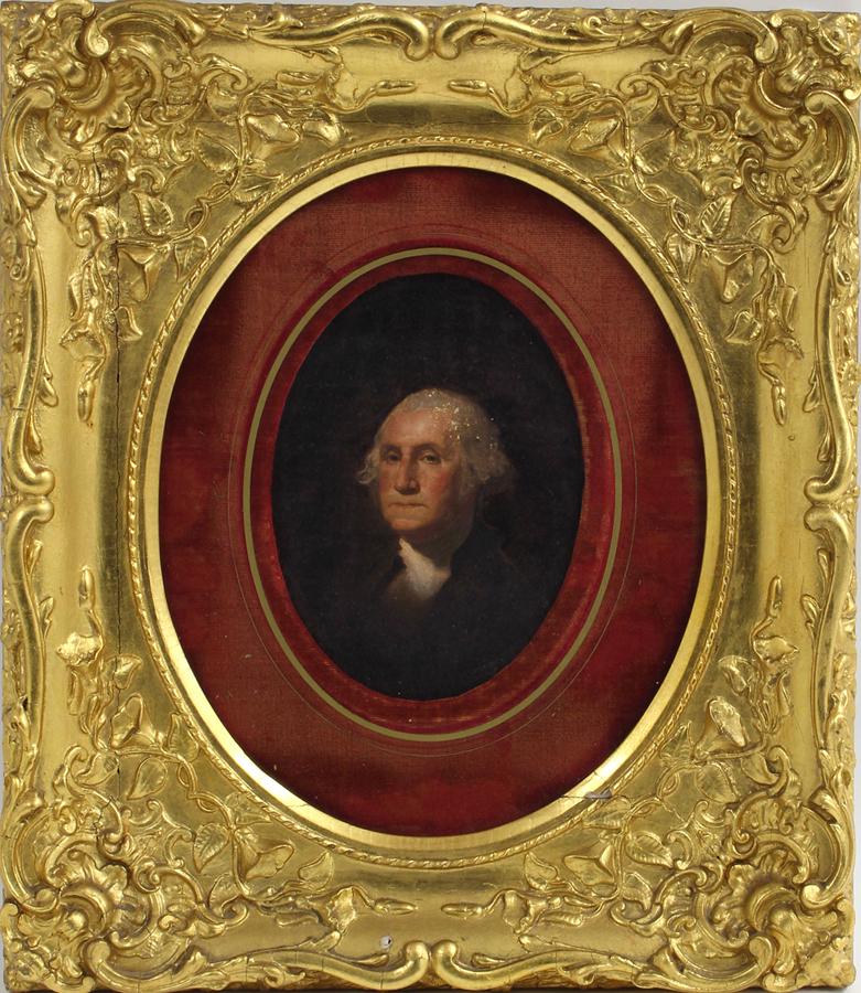 after GILBERT STUART (American, 1755-1828): portrait of George Washington unsigned, o/cardboard (see photo), oval 6.5 by 5 in. (sight), red velvet mat, gilt frame under glass, 15 by 13 in. partial paper note on reverse, handwritten in ink: