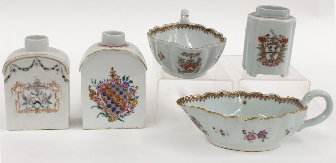 (on 5) GROUP OF ARMORIAL CHINESE EXPORT PORCELAIN: 18th c., (3) TEA CADDIES one with arms of Clifford (1730-1755), another with arms of Poulterers Company (1780), the third with arms of Pierce, ranging from 3.75"h to 5"h; along with a PAIR O