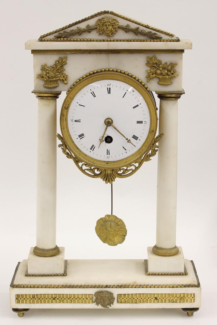 FRENCH EMPIRE WHITE MARBLE MANTEL CLOCK: ormolu mounts, sunburst pendulum, old paper label on reverse White/WATCH MAKER /148 Broadway/Co