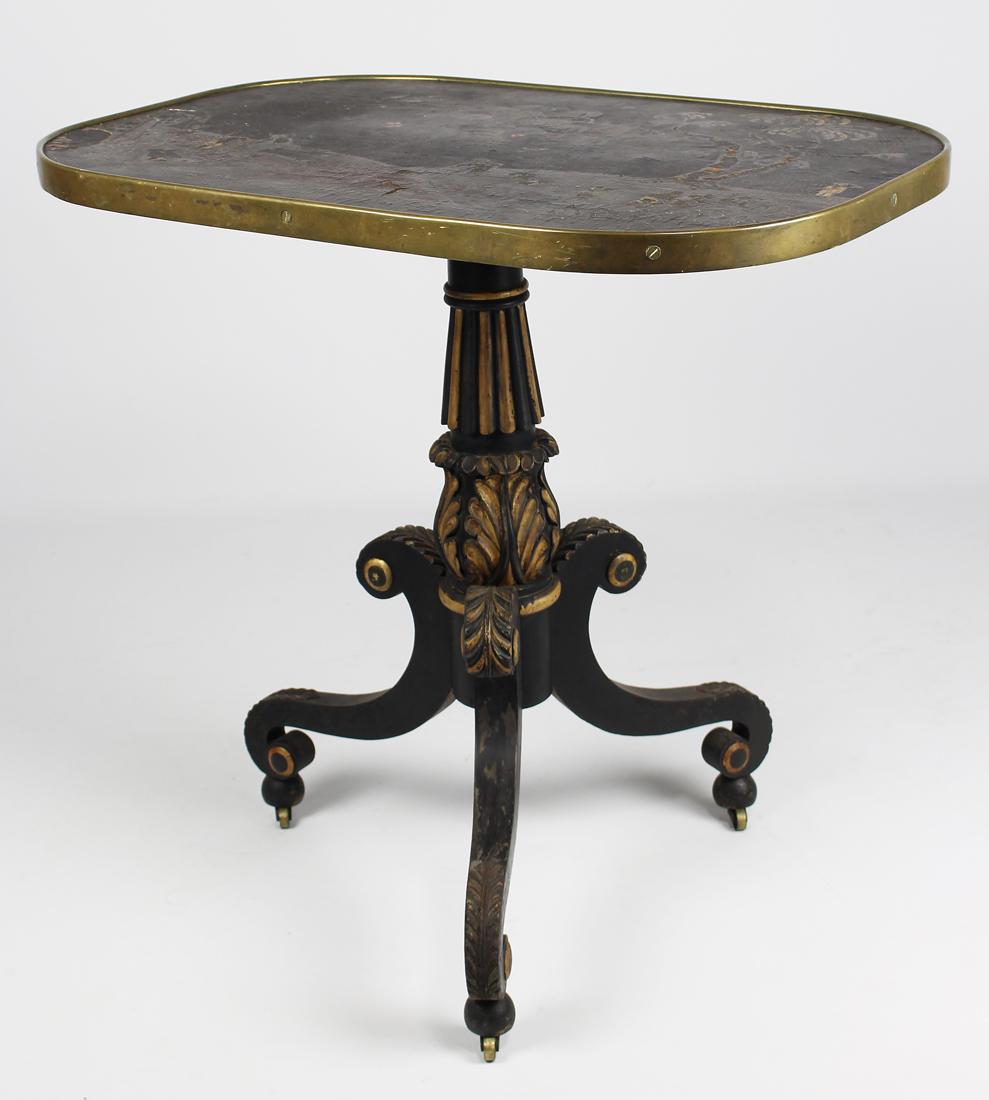 CLASSICAL JAPANNED OCCASIONAL TABLE: 19th c., chinoiserie decorated lacquered top with brass edge; carved, painted and gilded tripod pedestal base, 29.5"h; 31"w; 21.5"d
