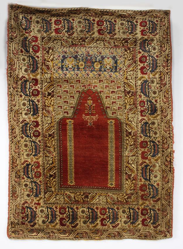 ANTIQUE SILK TURKISH PRAYER RUG: 4'1" x 5'9"