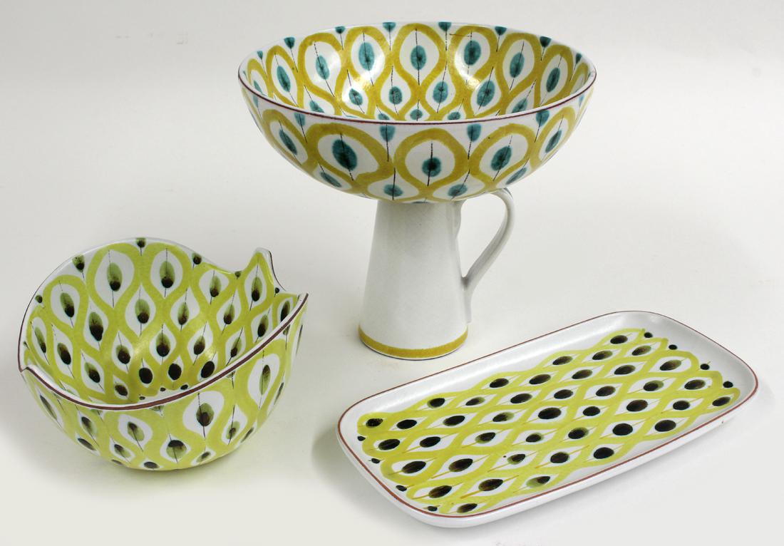 (on 3) SWEDISH CERAMICS, STIG LINDBERG: Stig Lindberg (1916-1982), all with yellow peacock feather design, a handled compote marked G/82-158