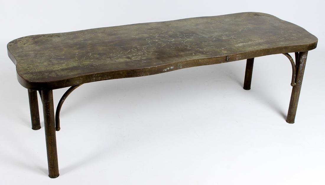 LAVERNE MID-CEN. MODERN LOW TABLE, ETRUSCAN: sgn. PHILIP KELVIN LAVERNE on top shaped top incised with dogwood floral pattern, on a burnished metal background, bronze legs, 16.5"h; 51"w; 19"d