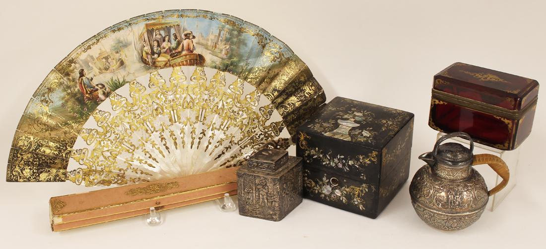 (on 5) GROUP OF UNRELATED ITEMS, a FRENCH HAND FAN: 19th c., pierced and gilded mother-of-pearl ribs, paper laid on vellum with hand-painted scene of aristocrats in river boats, ruins along the shore, 11", 20" open, original box