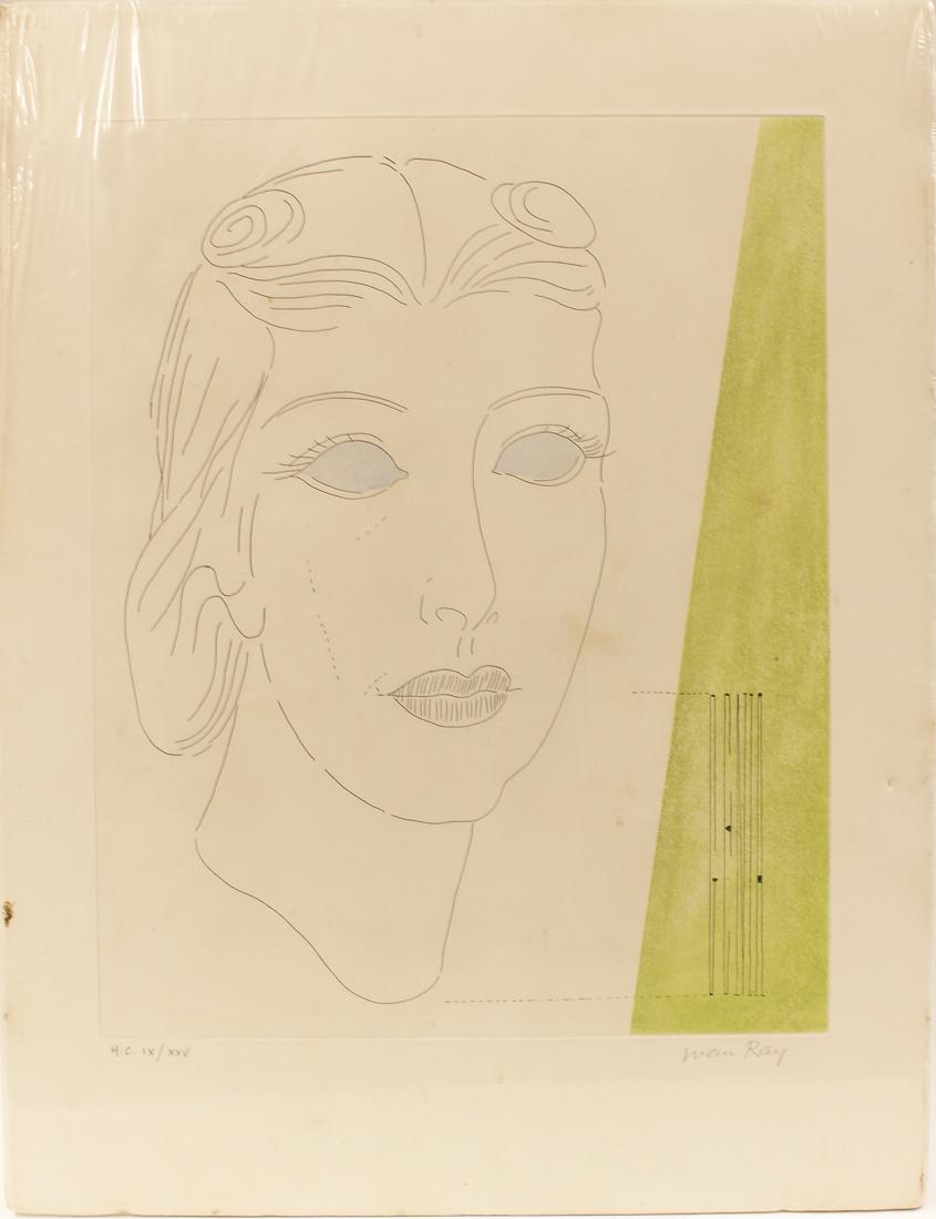MAN RAY (New York/France, 1890-1976): portrait of a woman sgn. l.r. in pencil Man Ray; also l.l. H.C. IX/XXV colored etching, impression