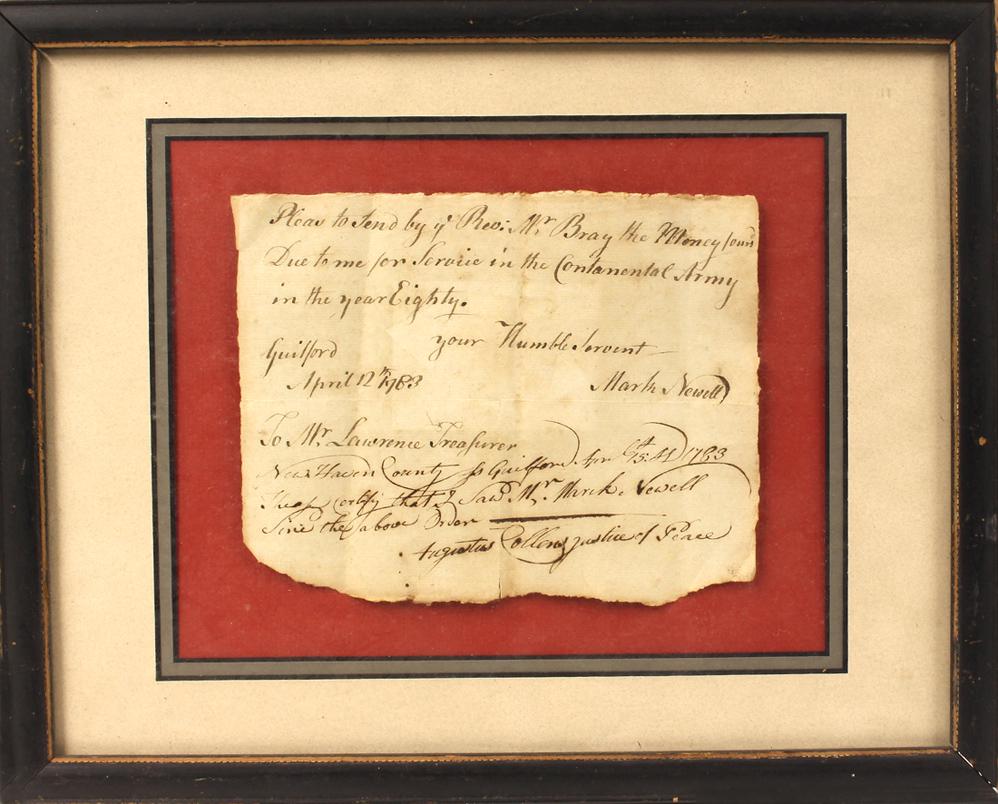 18TH C. CONNECTICUT CONTINENTAL ARMY CORRESPONDENCE: Pleas to Send by ye Rev. Mr. Bray the Money loaned/ Due to me for Service in the Continental Army/ in the year Eighty./your Humble Servent/Mark Newell/ Guilford/April 12th 1783/ To Mr. Lawrence Treasu