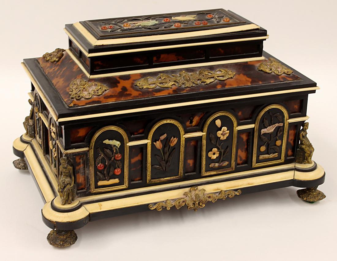 EXCEPTIONAL EBONIZED, SHELL AND BONE CASKET, GIROUX: sgn. Alph Giroux Paris (Alphonse Giroux, French, 1776-1848) sarcophagus-form with ormolu mounts and ormolu seated classical figures to each corner, applied specimen s