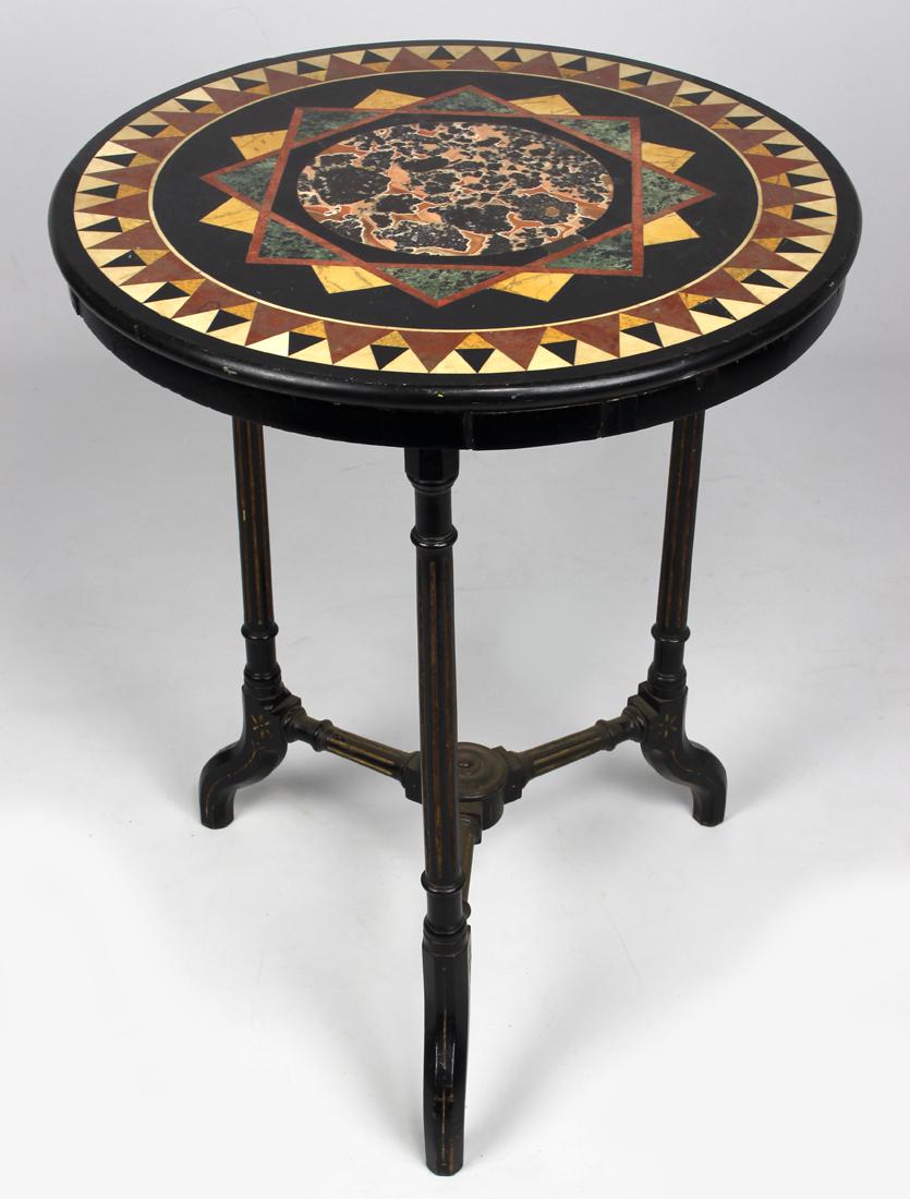 ITALIAN INLAID SPECIMEN AND MARBLE TABLE: 19th c. Grand Tour, round geometric star top, ebonized wood and gilt tripod base, 26"h; 21"diam.