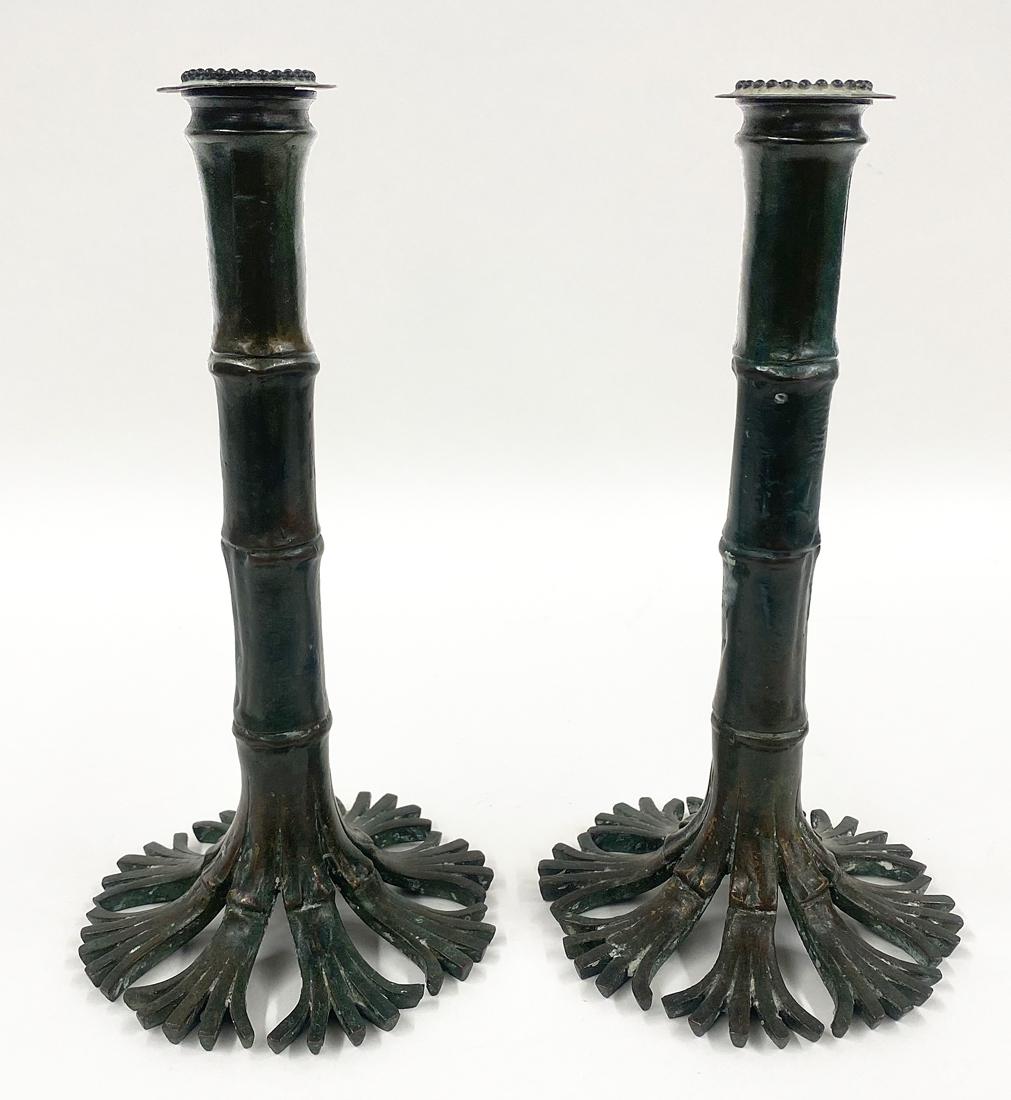 PAIR OF TIFFANY BAMBOO-FORM BRONZE CANDLESTICKS: both sgn. and numbered, Tiffany Studios, 6673 & 6674, 10"h From the home of a prominent Brook