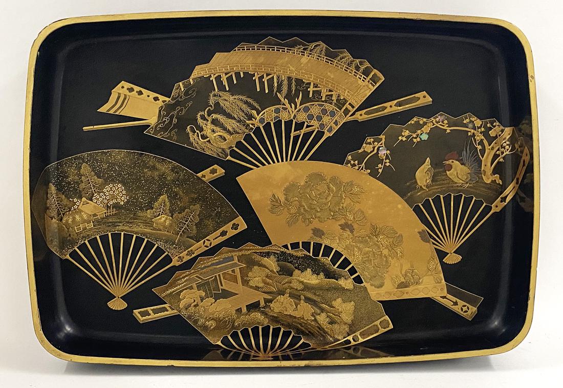 JAPANESE LARGE BLACK LACQUER TRAY: deep rectangular-form with fan decoration, signature on bottom, 3.25"h; 24.25"w; 16.75"d Prov.: Giuseppe Calabi, Milan, Italy, by descent to current An Italian gentleman and his family, of Jewish heri