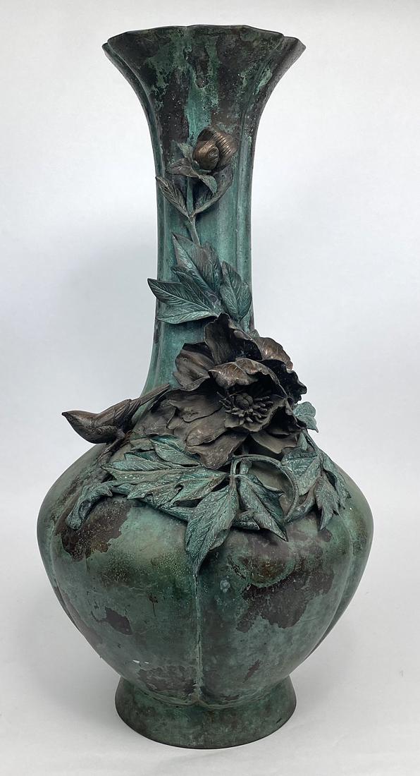 LARGE ART NOUVEAU BRONZE VASE: flared and ribbed goose neck-form, applied mixed metal decoration of bird perched on a flowering branch, 24"h