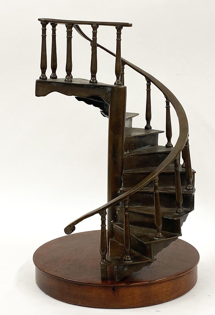 BRONZE SPIRAL STAIRCASE ARCHITECTURAL MODEL: 20th c., 18"h, mounted on wood base measuring 12.5"diam.