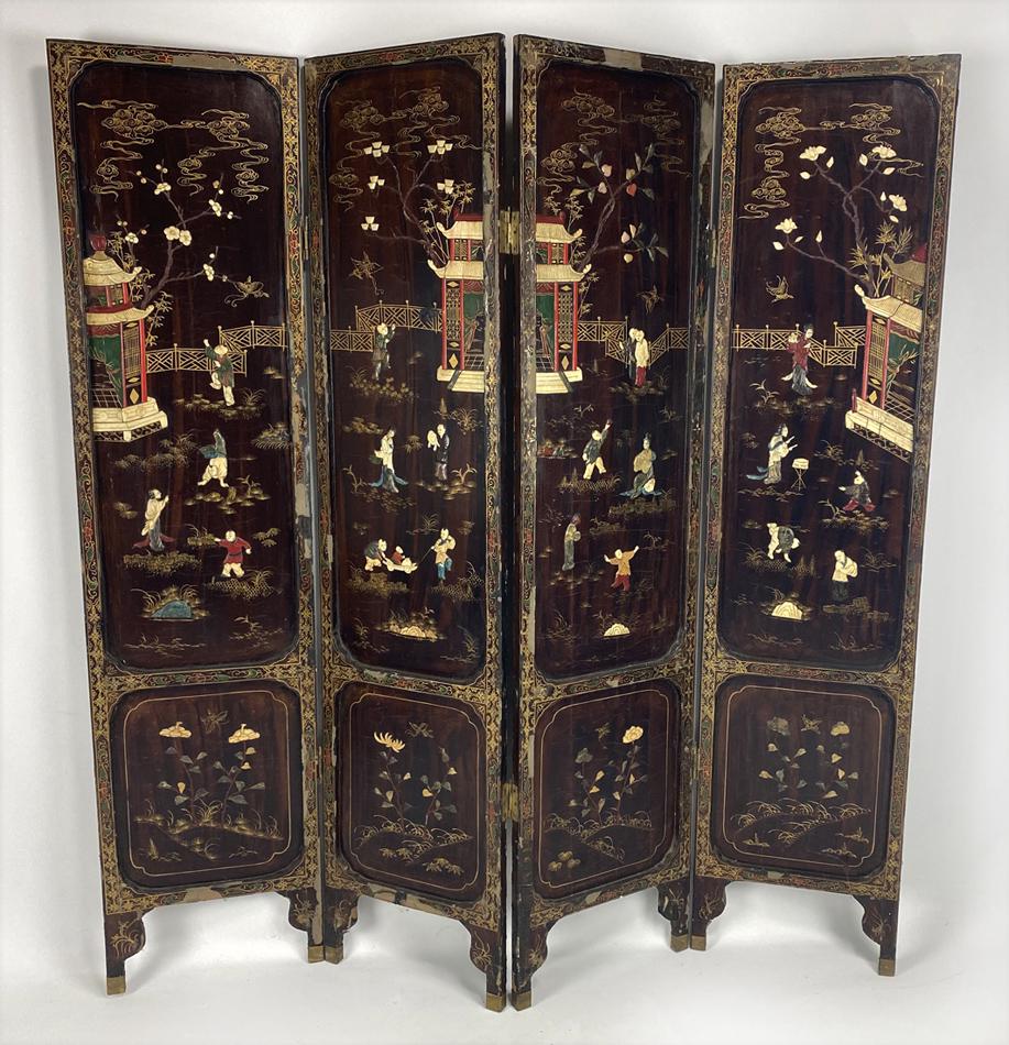 CHINESE 4-PANEL LACQUERED HARDWOOD SCREEN: 19th c., each panel with applied bone figures in a garden, and stone foliage, lacquer reverse with vase and urn decoration, 64"h, each panel 15"w