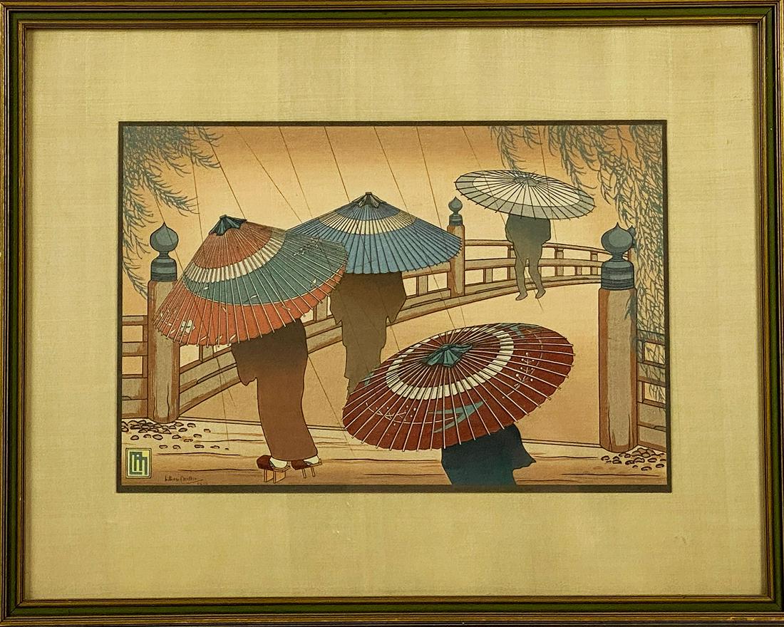 LILIAN MAY MILLER (American, 1895-1943): rain blossoms monogramed, sgn. and dated in plate l.l. Lilian Miller/1928 woodblock, 9.5 by 15.5 in. (image); on silk backing, framed under glass, 16.5 by 20.75 i