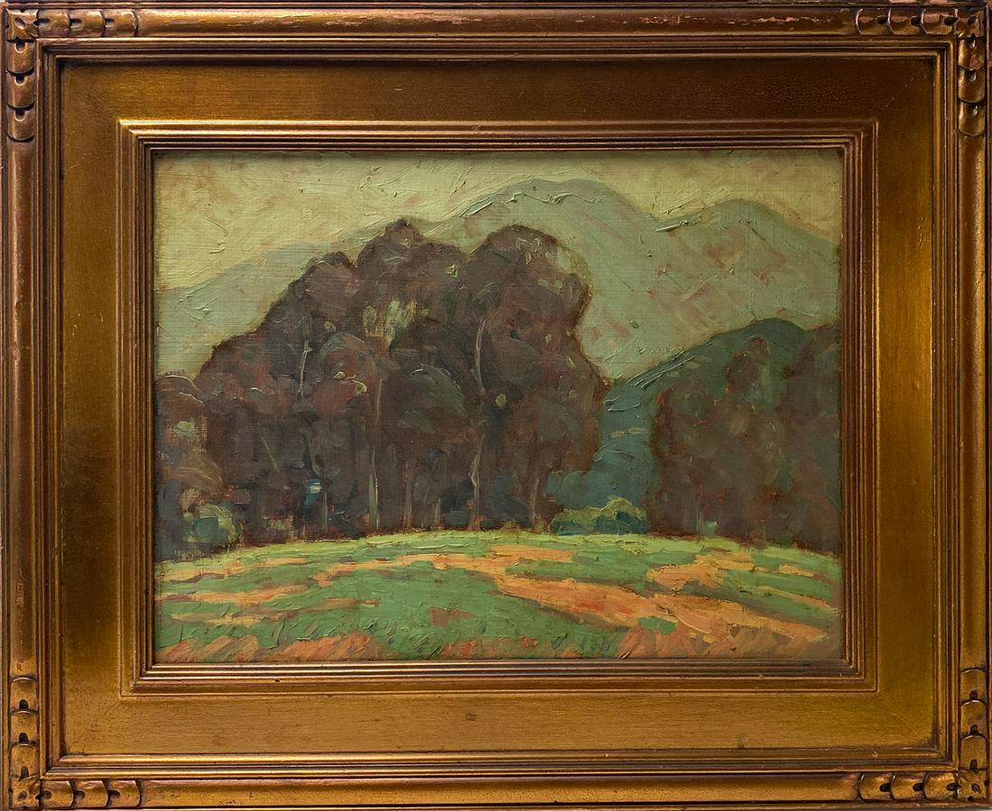 attib. ARTHUR F. MATHEWS (California, 1860-1945): landscape with trees and distant mountain unsigned, o/b, 12 by 16 in.; newcomb macklin gilt frame, 18 by 22 in. Arthur Mathews was a Tonalist painter.