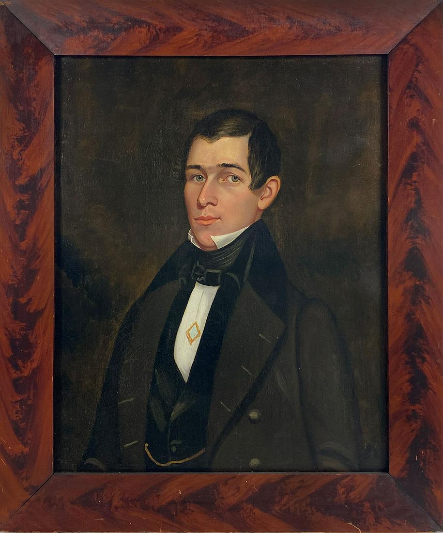 attrib. AMMI PHILLIPS, (American, 1788-1865): portrait of gentleman unsigned, o/c (relined), 30 by 24 in.; original grain painted frame, 35 by 29.5 in.