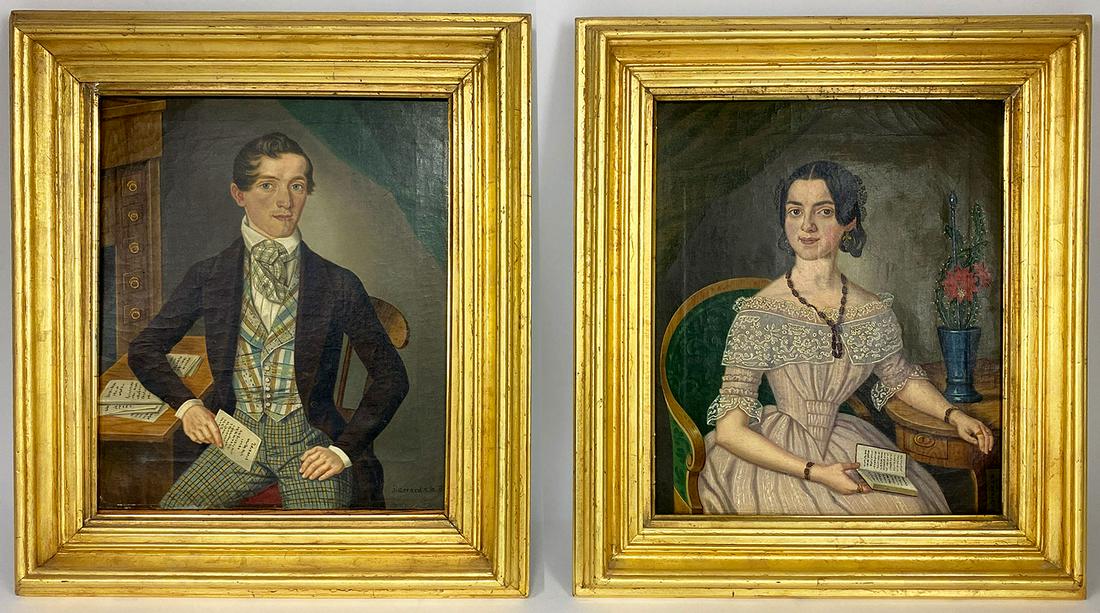 (pair) J. GERARD (French, 19th c.): portrait of seated husband and wife both sgn. and dated l.r. J. Gerard s.?..1844 (also on woman's portrait pinx