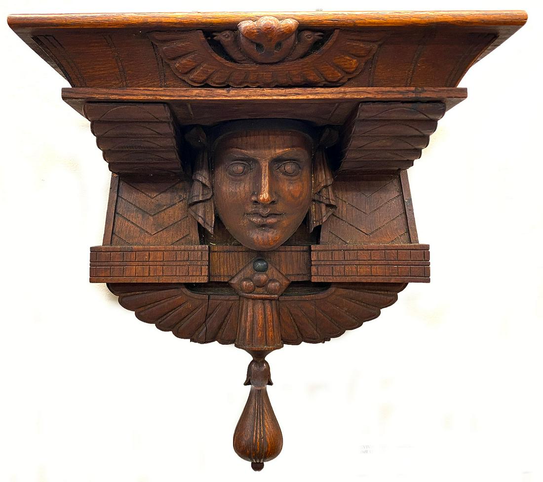 EGYPTIAN-REVIVAL CARVED BRACKET SHELF: 19th c., 14"h; shelf 13.5"w; 6.5d
