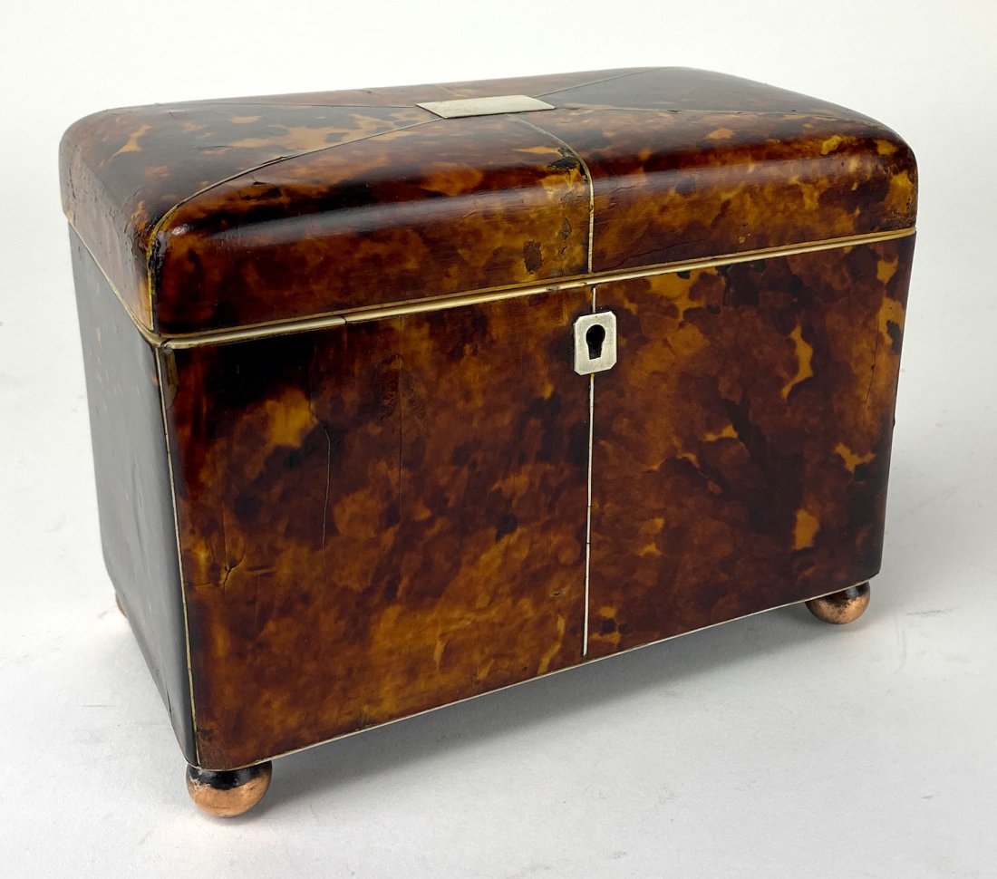 ENGLISH GEORGIAN SHELL TEA CADDY: rectangular-form, double lidded compartment, silver escutcheon and lid plaque, ball feet, 5"h; 6.5"w; 3.5"d