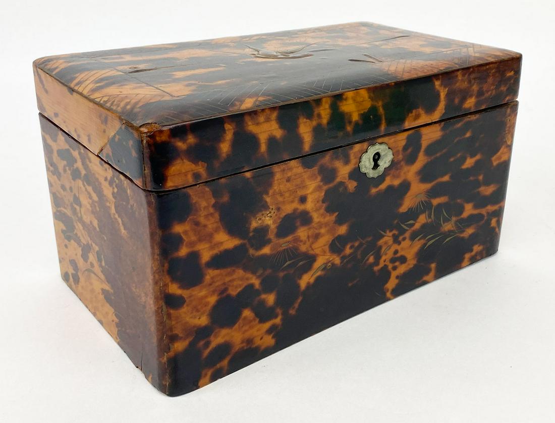 ENGLISH REGENCY JAPONAISE SHELL TEA CADDY: rectangular-form, applied lacquer bird to lid and painted bamboo sprigs to sides, 4.5"h; 8.75"w; 5"d