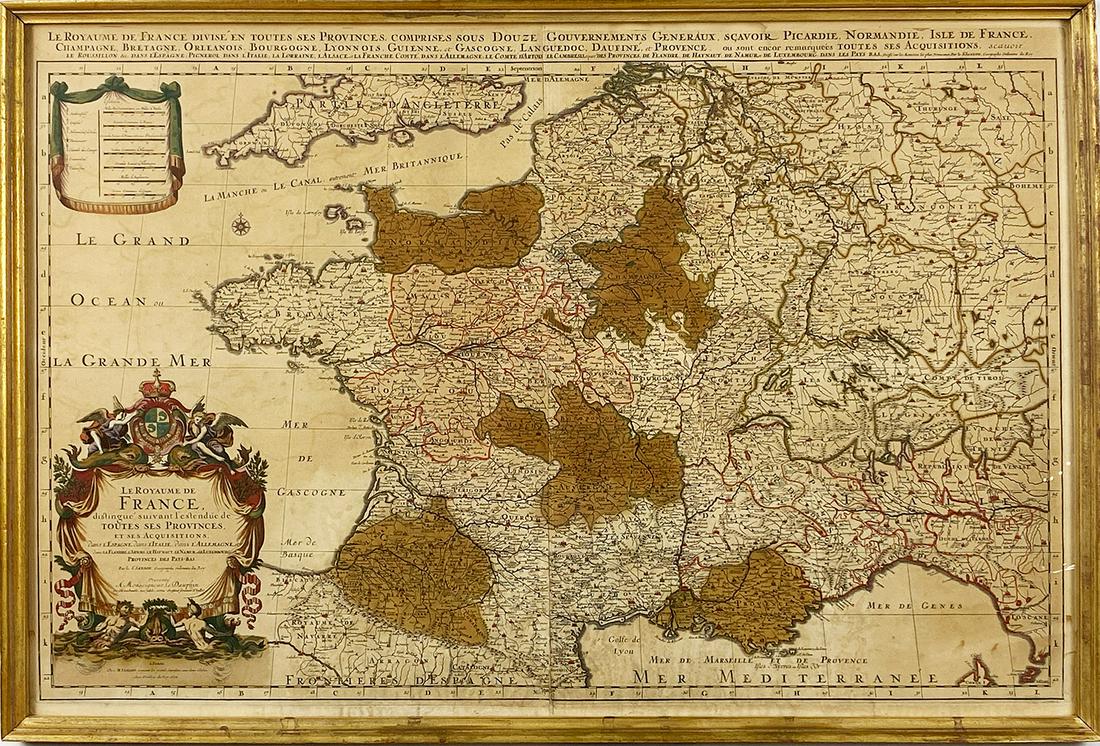 17TH C. FRENCH COLORED MAP, LE ROYAUME DE FRANCE: H. Jaillot, 1692, Paris impression 23 by 35.5 in.; framed under glass 25 by 37" Glued on reverse to backing, the printed Table Alphabetique de tous les Mots......