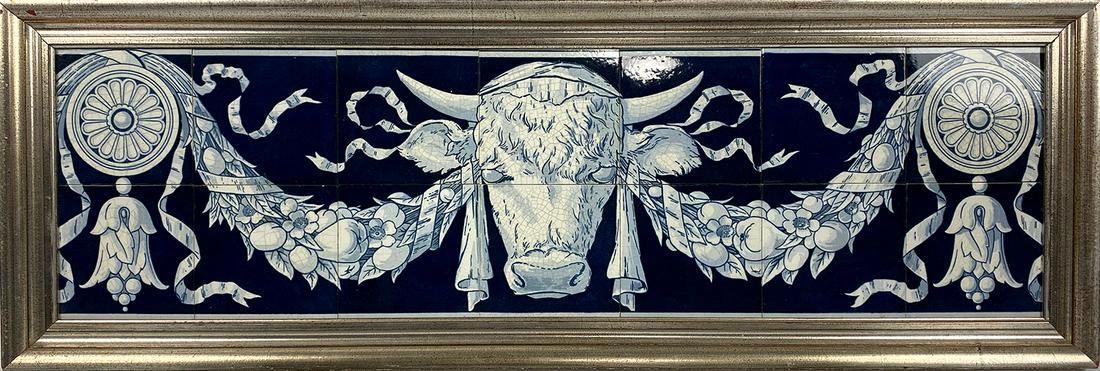 FRAMED ENGLISH MINTON BUTCHER SHOP CERAMIC TILES: c. 1880, comprising of 14 tiles in silver gilt frame, 15.5 by 45.5 in. (total) From a long-time private collection.