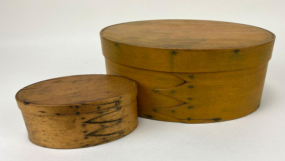 (2) SHAKER OVAL PANTRY BOXES: both with three fingers on body and one on lid, the larger signed indistinctly under lid Ad.?ne Rice, 4.75"h; 11"w; the smaller, 2.75"h; 6.5"w