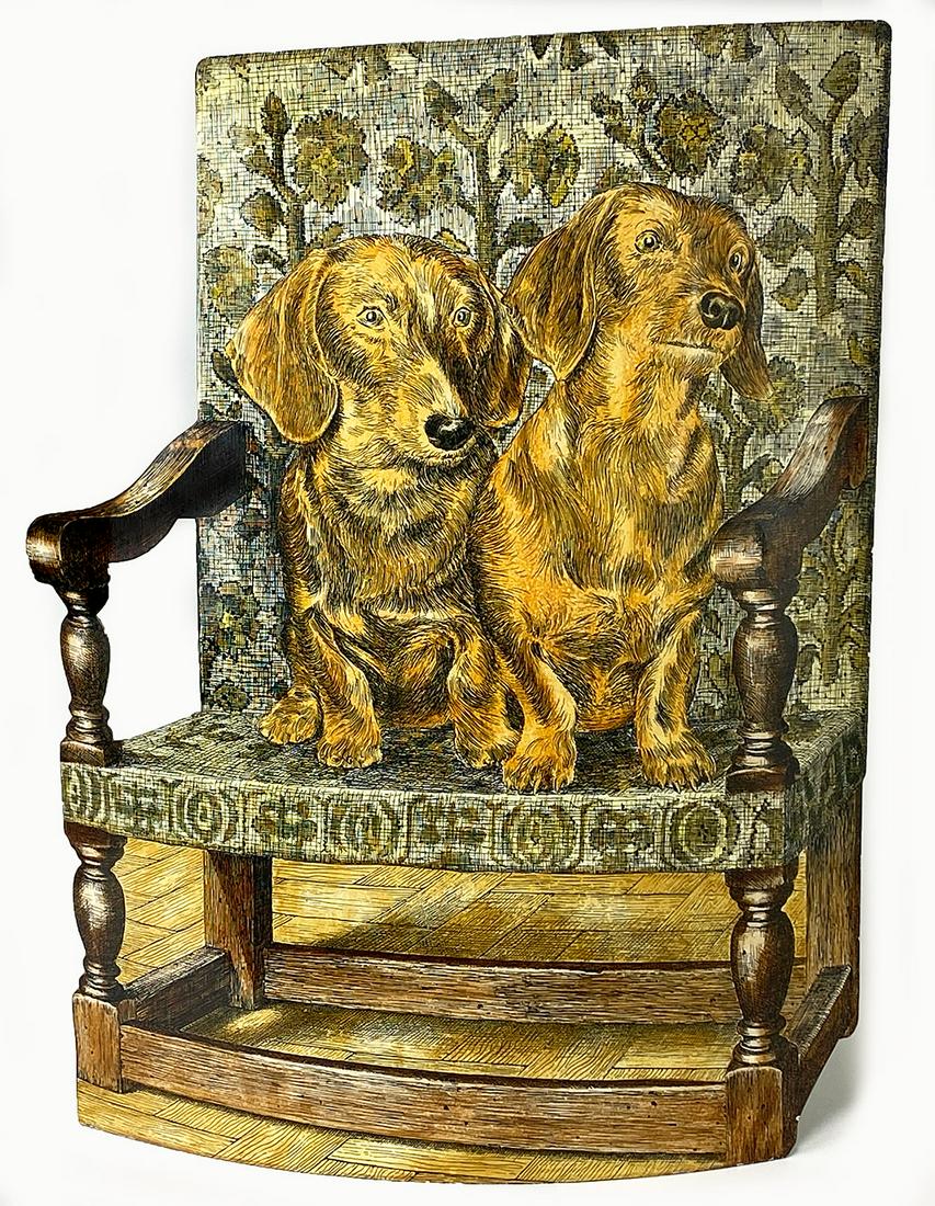 FORNASETTI MID-CENTURY MODERN UMBRELLA STAND: Piero Fornasetti (Milan, 1913-1988) c. 1950, enameled metal trompe l'oeil, two dogs in an armchair, Fornasetti paper label, 25"h; 20"w "I was born into a family with the worst kind of g