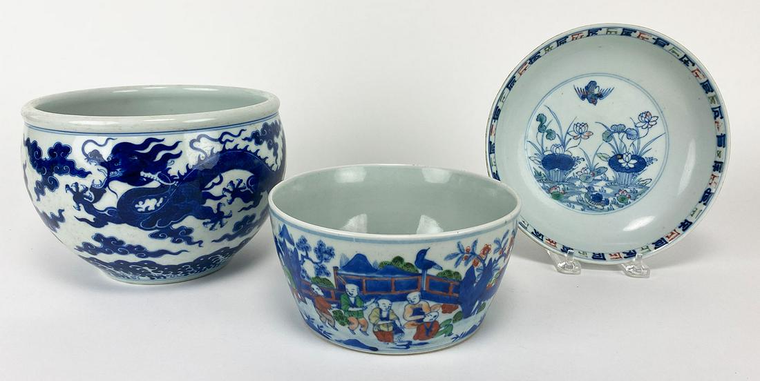 (on 3) CHINESE PORCELAIN GROUP: small dragon decorated blue and white planter, Qianlong mark on base, 5.5"h; 8"diam.; along with a BOWL with figures in landscape, character mark on base 3.5"h; 7"diam.; and a SHAL