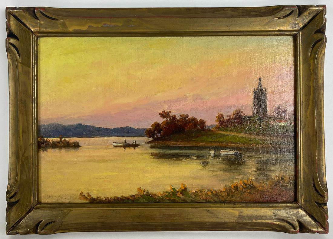 C. MYRON CLARK (American, 1858-1925): On the Charles River, Watertown Oct. 1916 sgn. l.l., o/b, 9 by 13.5 in.; framed 16.25 by 11.5 in. Titled and dated on reverse in pencil.